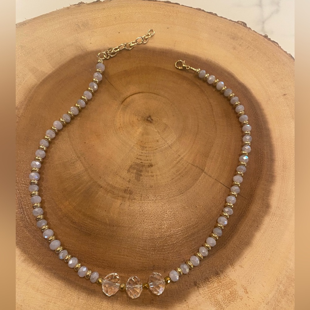 Handmade glass bead necklace with gold tone accents 18” long